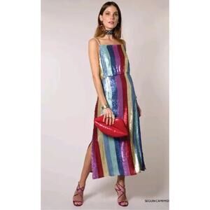 Rixo London Dress Womens M Multi Rainbow Striped Sequin Sleeveless Tessa Midi